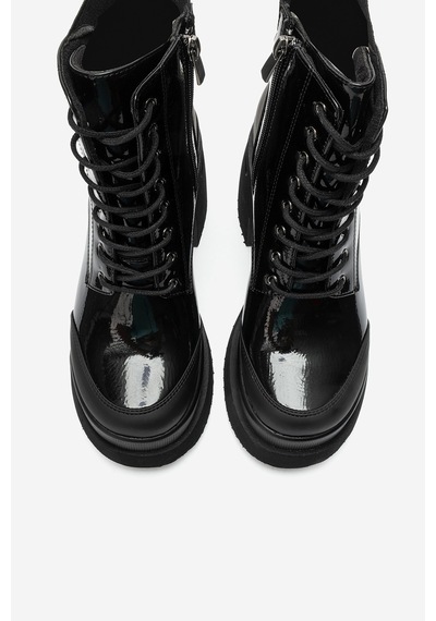 Luvi Shoes Norton Siyah Rugan Bağcıklı Fermuarlı Kadın Platform Topuklu Bot