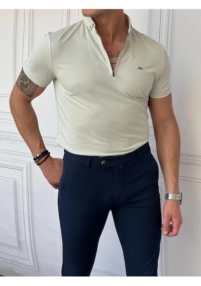 Modefendi Pamuk Likra Slim Fit Kalıp Bebe Yaka Fermuarlı Tshirt Bej