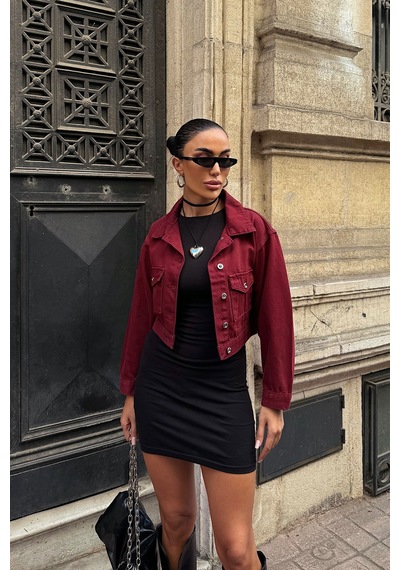 Bordo Çift Cep Denim Crop Ceket Bcdf-255419 Çok Renkli