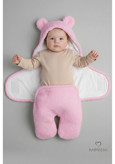 Babyden's 0-12 Ay Welsoft Peluş Bebek Dış Kundak Uyku Tulumu Ayıcık Kulaklı İçi %100 Pamuk Astarlı Battaniye Pembe