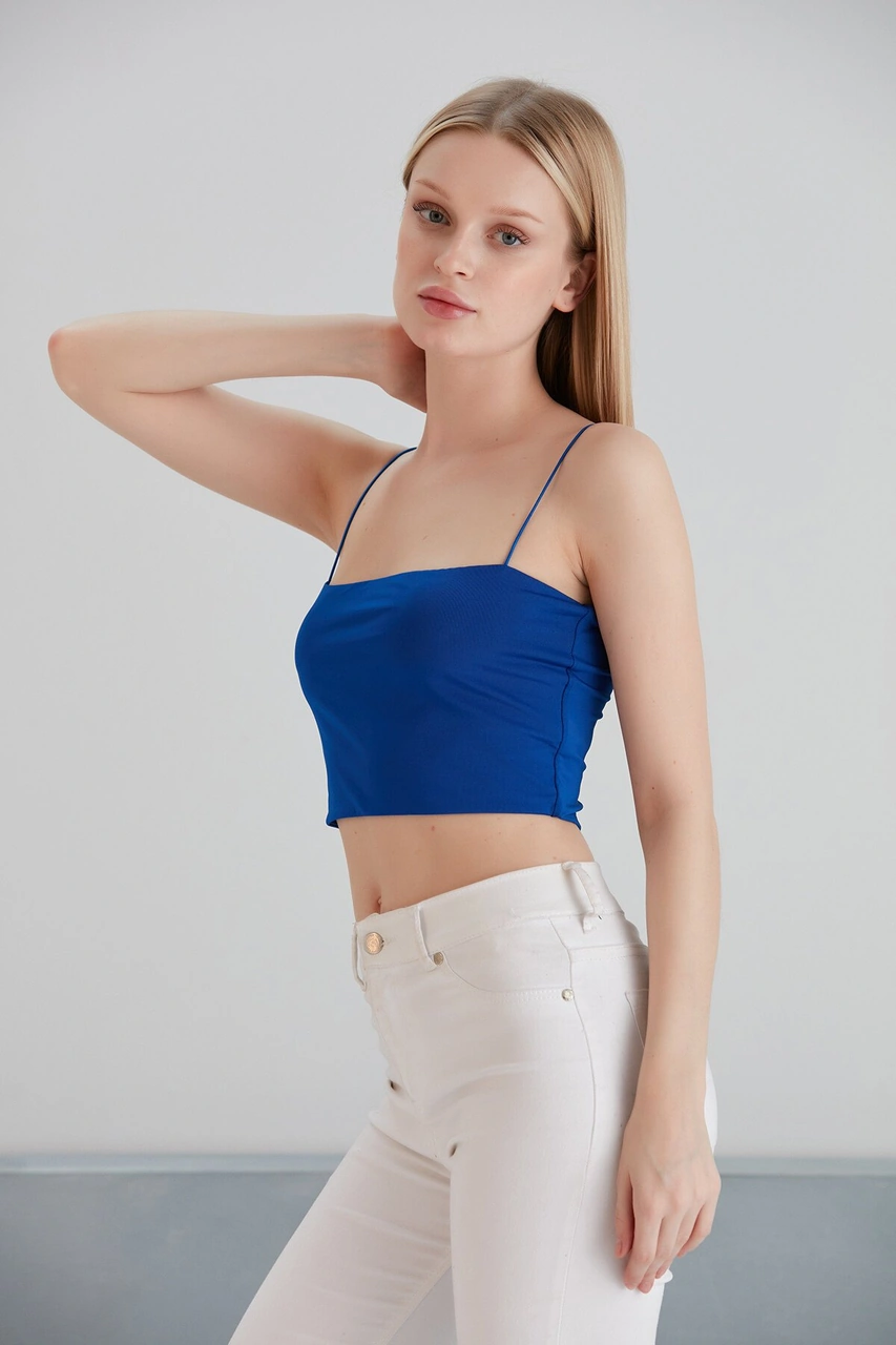 Mamayaga Kadın Askılı Şık Croptop Bluz Mavi