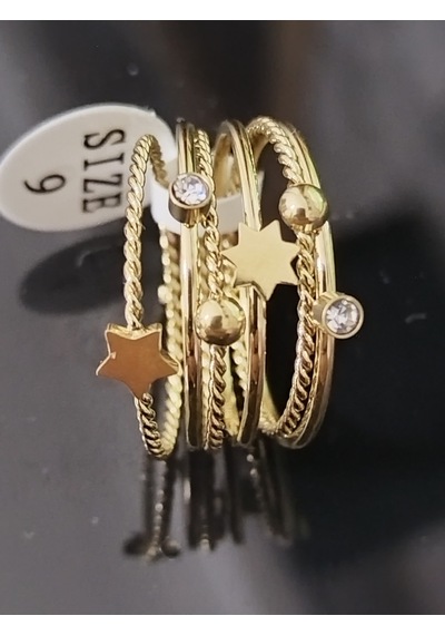 5'li Gold Renk Yıldızlı Ve Zirkon Taşlı Burgu Eklem Yüzüğü Seti Altın