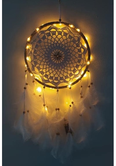 Led Işıklı Düş Kapanı Dreamcatcher Beyaz Kuş Tüyü Rüya Kapanı Duvar Süsü Elişi Diğer