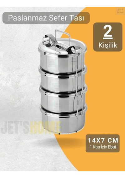 4 Lü Sefer Tası 14x7 Cm Yemek Taşıma Kabı Paslanmaz Çelik No 2 Kapasite 2 Kişilik Gri