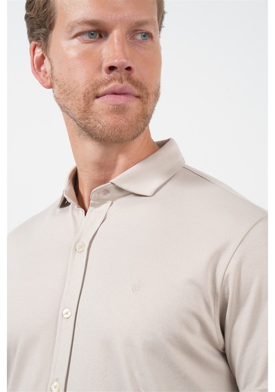 İmza Bej İtalyan Yaka Kısa Kol Cepsiz Slim Fit Pamuklu Gömlek 1004260158 Koyu Bej