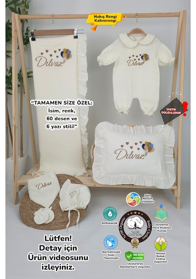 Gros Shop Müslin Yeni Doğan 4katlı Organik %100pamuk Kişiye Özgü Nakışlı Hastane Çıkış Seti Çoklu Balon Ekru