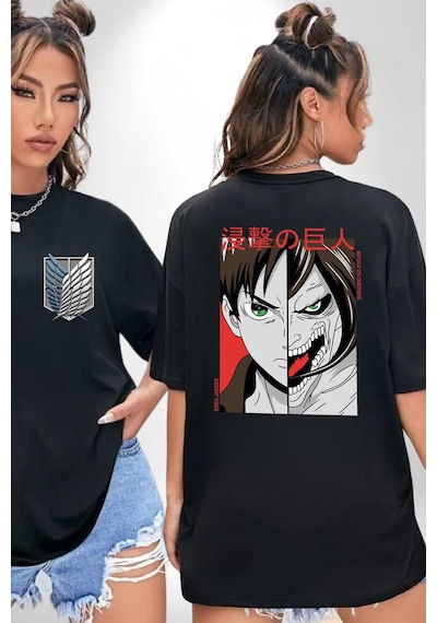 Anime Titan Saldırısı Siyah Oversize Unisex Ön Ve Sırt Baskılı Tişört Siyah