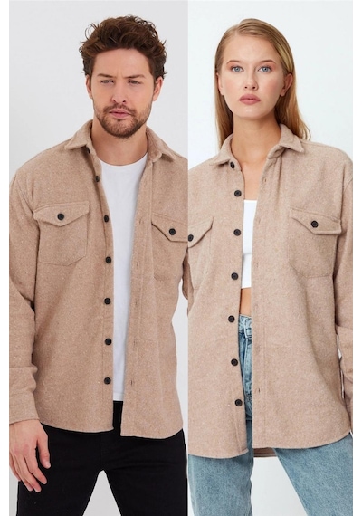 Unisex Vizon Çift Cep Kapaklı Oduncu Gömlek-tekli Fiyat Vizon