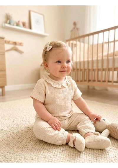 Baby Bebek Nope Theme Müslin Fırfır Yaka Tişört Bej 18140 Bej