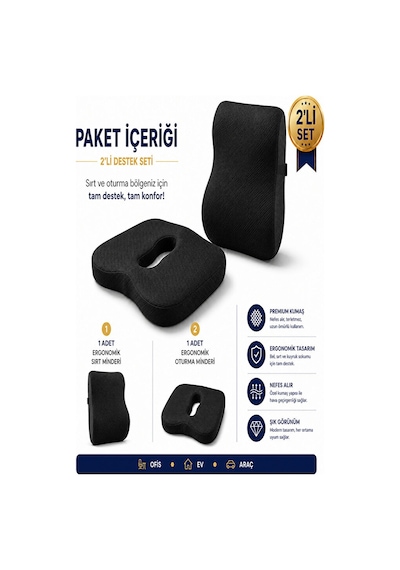 2 Li Ortopedik Visco Minder Seti Ergonomik Bel, Sırt Ve Kuyruk Sokumu Desteği Siyah