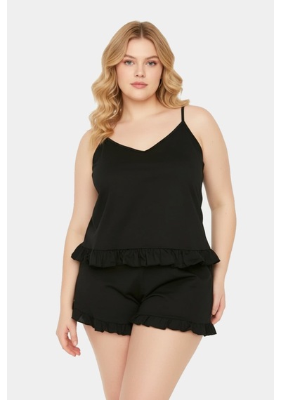 Unika Boutique Askılı Fırfır Detaylı Büyük Beden Pijama Takımı Siyah