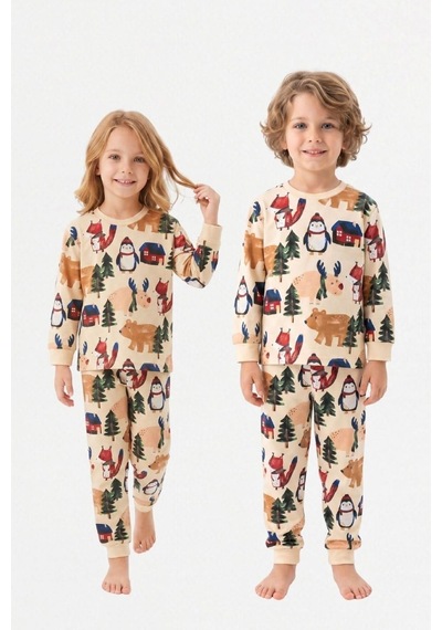 Bunny Hopp Kız Ve Erkek Çocuk Uzun Kollu Pijama Takımı %100 Pamuk Bej Kış Ormanı Ve Yılbaşı Desenli Penye Bunny Hopp Kız Ve Erkek Çocuk Uzun Kollu Pijama Takımı %100 Pamuk Bej Kış Ormanı Ve Yılbaşı Desenli Penye