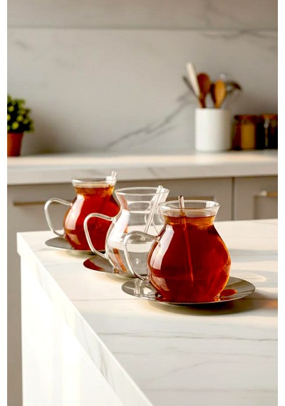 Keyf-i Ala 18 Parçametal Altlıklı Cam Kaşıklı Çay Bardağı Seti 200 Ml Beyaz