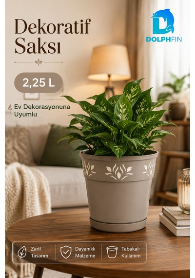 2,25 L Dekoratif Alt Tabaklı Plastik Saksı Çiçek Motifli Karışık Renk