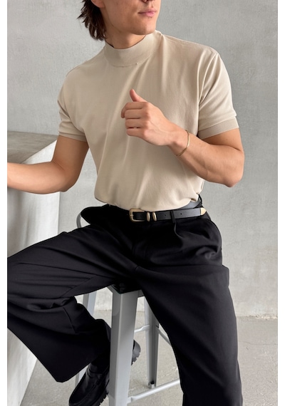 Erkek Oversize Yarım Balıkçı Triko T-shirt Bej