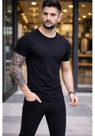 Efnaz Style Erkek T-shirt Bisiklet Yaka Slim Fit Dar Kesim Likralı Tişört Günlük Basic Body - Siyah