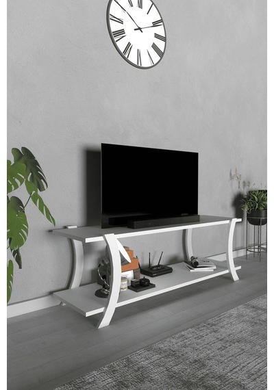 Lavellan Liva Modern Tv Sehpası Çift Katlı Fonksiyonel Televizyon Ünitesi Beyaz