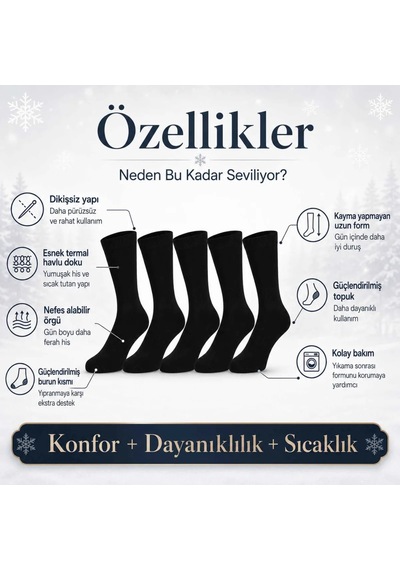 Genel Erkek Siyah Kışlık Termal Havlu Çorap 12'li Dikişsiz Esnek, Sıcak Tutan, Güç Siyah 12'li / 39-44