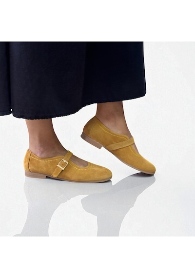 Ne&ve Shoes Hardal Süet Hakiki Deri Tokalı Kadın Babet