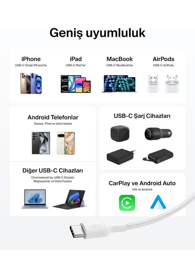 Belkin Cab025hq1mwh Boostcharge Pro 240w Usb-c To Usb-c Örgülü 1m Hızlı Şarj Kablosu - Beyaz