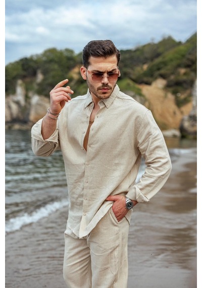 Madmext Bej Rahat Kesim Keten Erkek Gömlek Pantolon Takım E7362