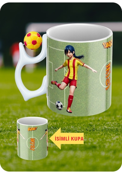 Sarı Kırmızı Futbol Toplu Sarı Kırmızı Forma Kadın Futbolcu Taraftar İsimli Baskılı Kupa Bardak Beyaz