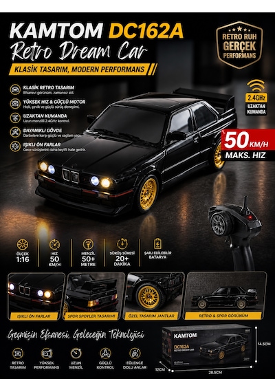 Kamtom Dc162a Retro Dream Car 1:16 4x4 Drift Uzaktan Kumandalı Araba 50 Km/h Hız Işıklı Şarjlı E30 - Siyah