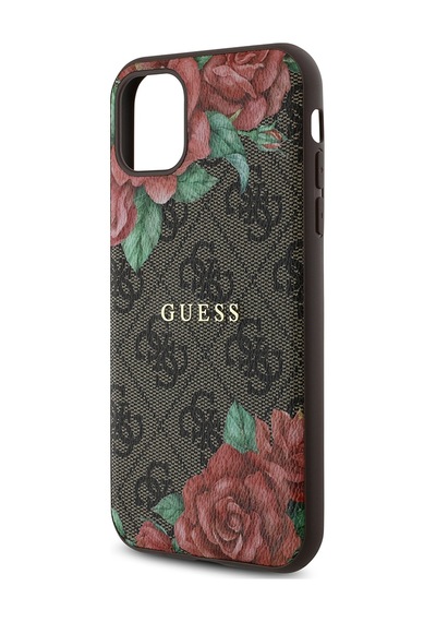 Apple Uyumlu iPhone 11 Kılıf Guess Lisanslı Magsafe Gül Baskılı 4g Desenli Yazı Logolu Kapak Kahverengi