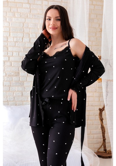 Nisanca Sabahlıklı Dantel Detaylı Pegasus Kadın Pijama Takımı-çeyizlik Takım- Geniş Beden Aralığı Siyah