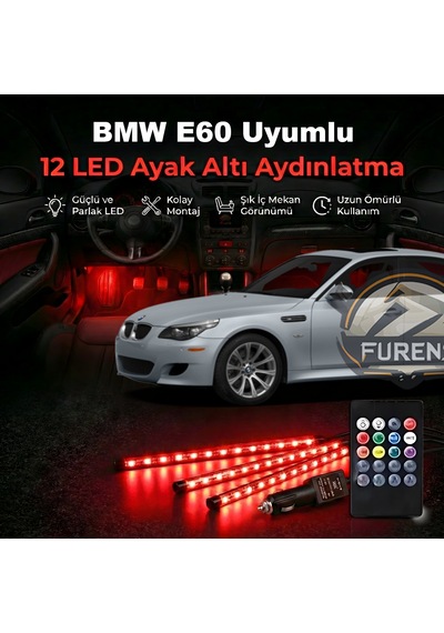 Bmw E60 Uyumlu Rgb Ayak Altı Led 12 Led Kumandalı Müzik Duyarlı Araç İçi Aydınlatma 7 Renk 12v 1