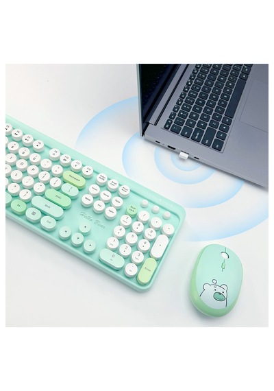 Geezer Hello Bear Kablosuz Klavye Mouse Seti 2.4g Sevimli Ayıcık Desenli Yuvarlak Tuşlu 104 Tuş Renkli Set Optik
