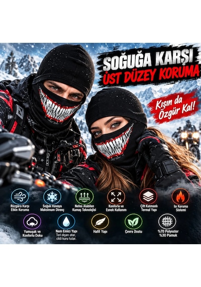 Womanandkids Wak Unisex Tam Yüz Balaklava Diş Desenli Kışlık Maske Nefes Alan Esnek Kask Altı Boyunluk Yumuşak Viskoz Siyah