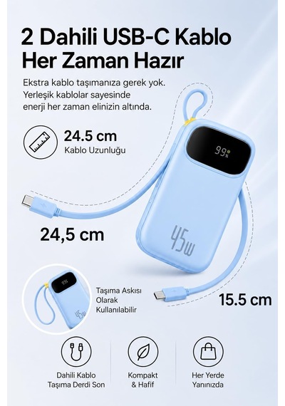Tr Enerfill Fc31 Dijital Ekranlı Hızlı Şarj Powerbank Dahili Çift Usb-c Kablo 20000mah 45w - Mavi