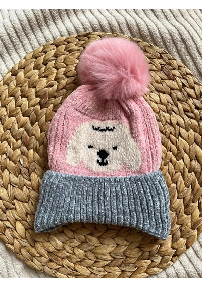 Prahar Kız Çocuk Köpek Figürlü İçi Peluş Dokulu Ponponlu Kışlık Bere Pembe
