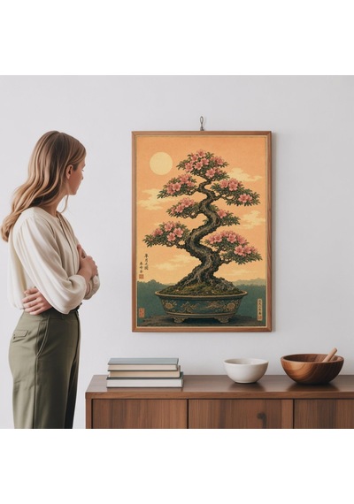 Japon Çiçek Açmış Bonsai Ağacı Sanat Baskısı, Vintage Botanik Oryantal Duvar Dekoru