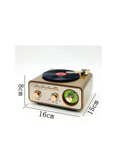 Metalik Nostaljik Tasarım Plak Çalar Görünümlü Radyolu Bluetooth Hoparlör Retro Müzik Plak