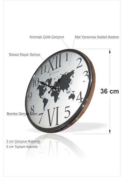 Parlak Metalik Kromajlı Çerçeve Bombe Camlı 36 Cm Duvar Saati Metal - Beyaz