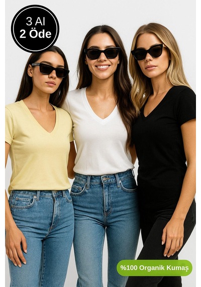 Kadın 3'lü Paket Siyah-sarı-beyaz %100 Organik Pamuk Normal Kesim Tişört V Yaka T-shirt Çok Renkli
