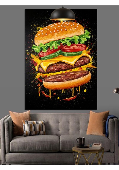 Üç Katlı Büyük Ve Lezzetli Hamburger Dekoratif Kanvas - Mdf Ahşap Tablo