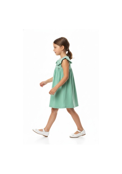 Toontoy Kids Toontoy Kız Çocuk Regular Fit Bebe Yaka Düğmeli Kısa Kollu Elbise 25049 Yeşil