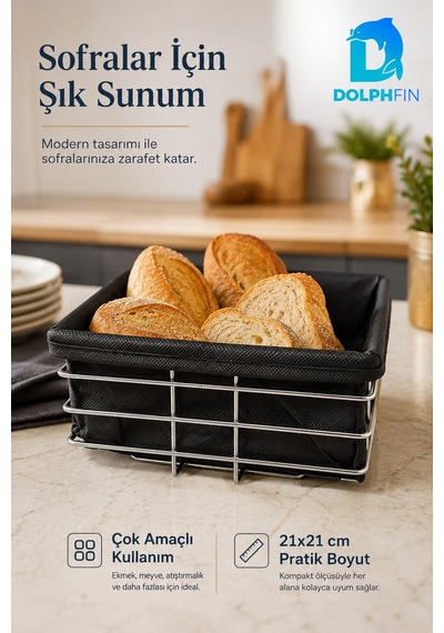 Çok Amaçlı Metal Ekmek Sepeti Kumaş İç Kaplamalı Kare 21x21 Cm Siyah