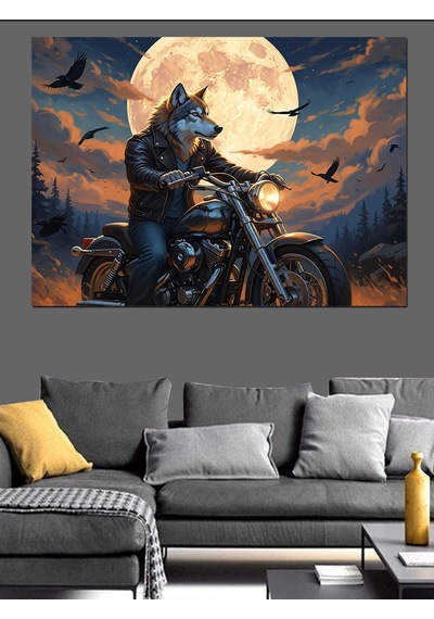 Ahşap Tablo Gece Yolunda Motosikletli Kurt Sürücü