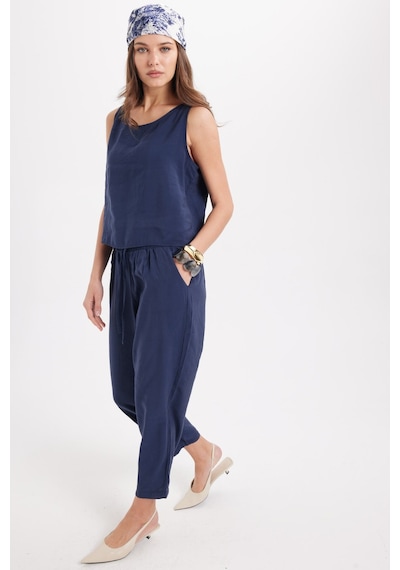 Tudors Kadın Standart Fit Normal Kesim Likralı Bisiklet Yaka Bluz Geniş Paça Lacivert Pantolon Takım-50958