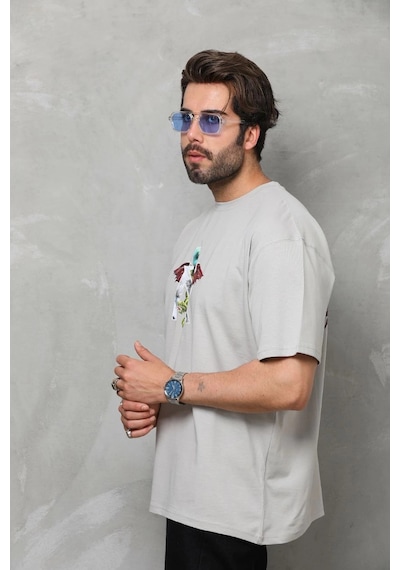 Barlashive Erkek Baskılı T-shirt Kısa Kol Bisiklet Yaka Regular Fit Rahat Kalıp Tişört - Gri Çok Renkli
