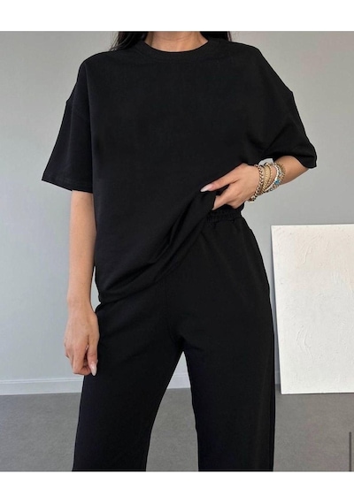 Basic T-shirt Eşofman Altı Jogger - Siyah Düz Alt Üst Eşofman Takımı Oversize Bisiklet Yaka Siyah Basic T-shirt Eşofman Altı Jogger - Siyah Düz Alt Üst Eşofman Takımı Oversize Bisiklet Yaka Siyah