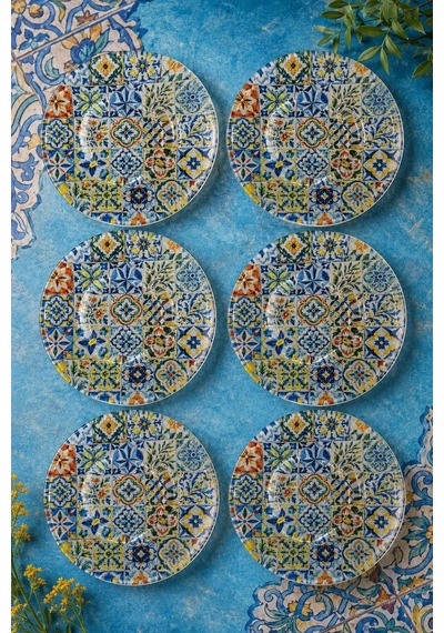 6 Lı Cam Çay Tabağı Renkli Çini Desenli 12 Cm, 6 Adet Çay Tabak Çok Renkli