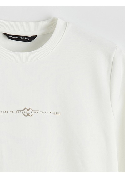 LC Waikiki Lcwaıkıkı Classic Beyaz Bisiklet Yaka Baskılı Erkek Kalın Sweatshirt Ecru