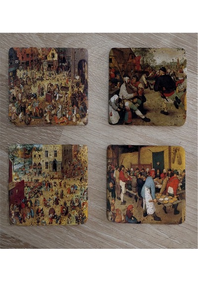 Pieter Brueghel Çocuk Oyunları Ve Eserleri Doğal Taş Bardak Altlığı 4'lü Set - Natural Stone Coasters - Taş Çok Renkli