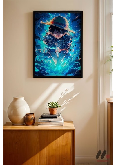One Piece Mavi Enerji Poster, Siyah Çerçeveli Duvar Tablosu - Anime Severlere Özel Hediye