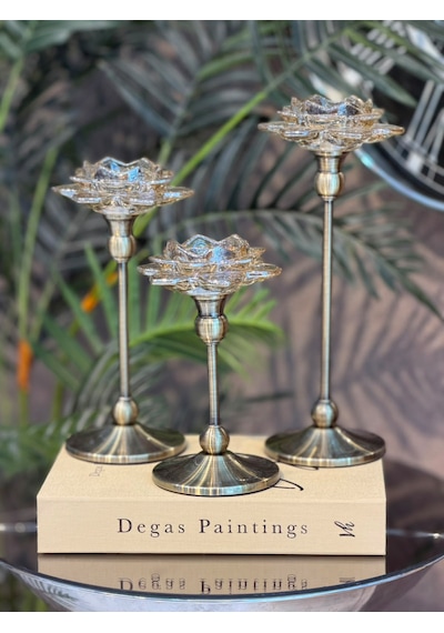 Chacha Home 3'lü Metal Ayaklı Lotus Kristal Cam Şamdan Mumluk Seti 29 Cm - 24 Cm - 19 Cm - Dekoratif Nilüfer Çiçeği Mum Standı Eskitme